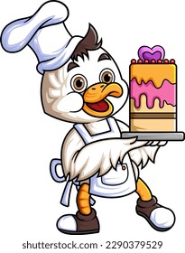 cute baby duck cartoon character wearing chef clothes and carry very big birthday cake of illustration