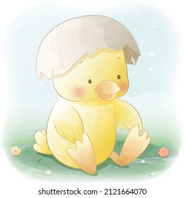 Cute baby duck cartoon illustration watercolor style