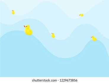 Cute baby duck cartoon are swimming on the blue sea background, illustration vector. Animal cute background design concept.