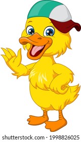 Cute baby duck cartoon wearing hat waving hand