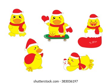 Cute baby duck christmas cartoon on white background.