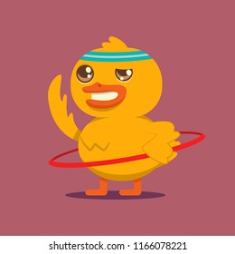 Cute baby duck doing exercises with hula hoop. Vector cartoon bird character isolated on background. Sport and fitness concept illustration.