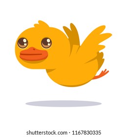 Cute baby duck flying. Vector cartoon bird character isolated on white background.