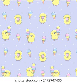 Cute baby duck and ice cream doodle seamless kawaii pattern