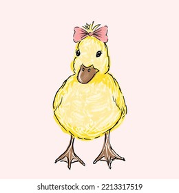 Cute Baby Duck Isolated On Pink Background, Duckling Girl For Print