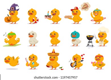 Cute baby duck set. Vector cartoon character of funny bird with different kawaii emotions and costumes isolated on a white background.