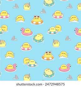 Cute baby duck swimming doodle seamless kids pattern 