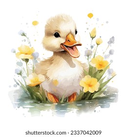 Cute Baby Duck Watercolor Clipart Design