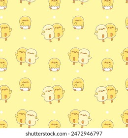 Cute baby duck yellow doodle seamless pattern