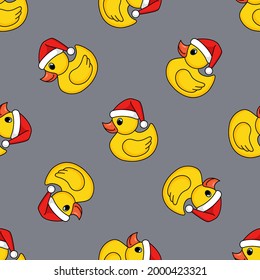 
Cute baby duckling in red Christmas Santa hat. Vector seamless pattern. Christmas design of newborn ducklings.