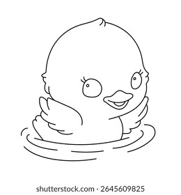 Cute baby duckling in water line art. Hand-drawn duck coloring page for kids with happy cartoon bird outline