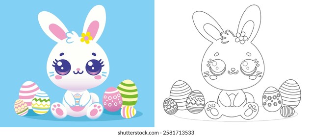 Cute baby easter bunny with big eyes with colorful easter eggs. Coloring page for kids. Festive vector illustration.  Happy Easter greeting card, flat art