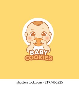 Cute baby eat cookies biscuits snack logo for baby food or baby complementary meal logo