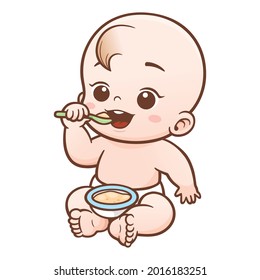 Cute baby of eating food. Vector graphic illustration. Individually on a white background.