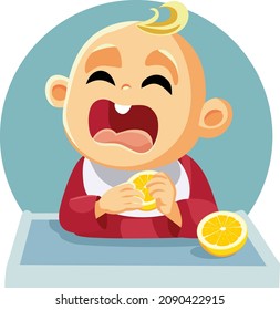 Cute Baby Eating a Lemon Vector Cartoon Illustration. Infant trying sour solid foods for the first time reacting funny 
