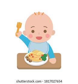 Cute baby eating noodles, daily life, cartoon comic vector illustration, set, isolated