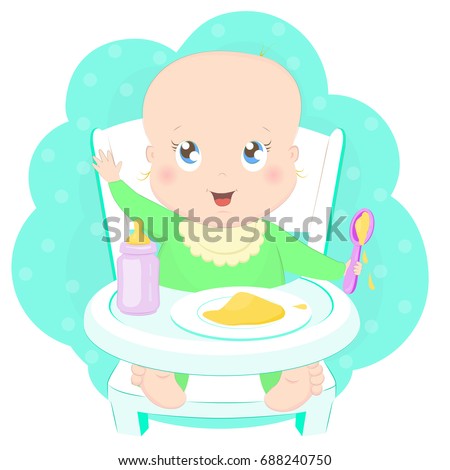 Cute Baby Eating Porridge Spoon High Stock Vector (Royalty Free ...