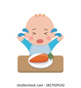 Cute Baby Eating Vegetables, Picky Eaters, Angry, Crying, Daily Life, Cartoon Comic Vector Illustration, Set, Isolated