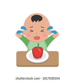 Cute Baby Eating Vegetables, Picky Eaters, Angry, Crying, Daily Life, Cartoon Comic Vector Illustration, Set, Isolated