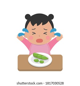 Cute Baby Eating Vegetables, Picky Eaters, Angry, Crying, Daily Life, Cartoon Comic Vector Illustration, Set, Isolated