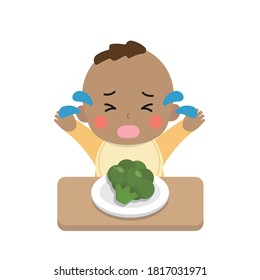 Cute Baby Eating Vegetables, Picky Eaters, Angry, Crying, Daily Life, Cartoon Comic Vector Illustration, Set, Isolated