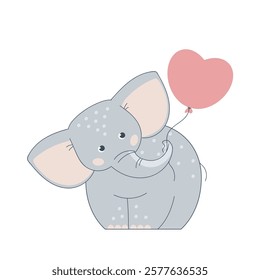 Cute baby elefant holds a balloon. Nice cartoon character isolated on a white. Funny little animal toy.