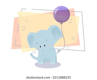 Cute baby elephant with air balloon tied on tail. Celebration concept. Vector illustration can be used for topics like holiday, birthday, anniversary