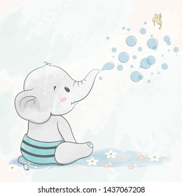 Cute baby elephant with air bubbles water color cartoon hand drawn vecter illustration. Use for Happy birthday invitation card, T-shirt print, baby shower.