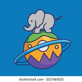cute baby elephant balancing on the big colorful planet ball. animal flat cartoon style illustration icon premium vector logo mascot suitable for web design banner character