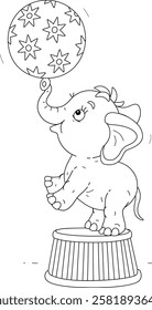 Cute baby elephant balancing on a striped podium, playing and juggling a big beautiful ball in an amusing acrobatic circus performance, black and white vector cartoon illustration for a coloring book