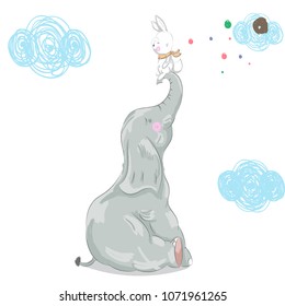 	
Cute baby elephant with balloon cartoon hand drawn vector illustration. Can be used for baby t-shirt print,