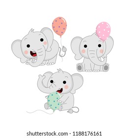 Cute baby elephant and balloons. Animal wildlife cartoon character vector.