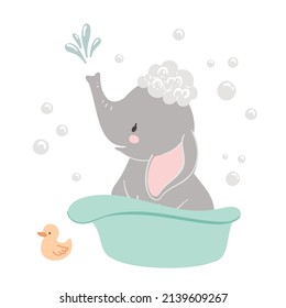 Cute baby elephant in the bath with duck and soap bubbles on white background. Baby shower hand drawn vector illustration. 