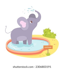 Cute baby elephant bathing in zoo pond vector illustration. Cartoon funny animal standing in pool to splash water from trunk, happy adorable little elephant character playing in summer green park