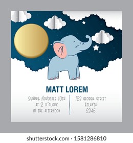 cute baby elephant between clouds. baby shower card. vector illustration