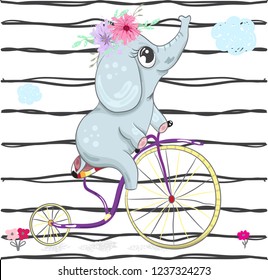 Cute baby elephant bike cartoon hand drawn vector illustration. Can be used for baby t-shirt print, fashion print design, children wear, baby shower celebration, greeting and invitation card.