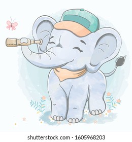 Cute baby elephant with binoculars water color cartoon hand drawn vecter illustration. Use for Happy birthday invitation card, T-shirt print, baby shower.