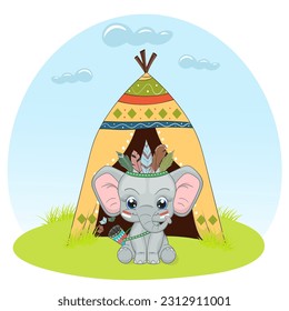 Cute baby elephant  boho style illustration. Cartoon style character. Happy baby eleppant, Perfect illustration for t-shirt wear, print design, greeting card, baby shower, party invitation