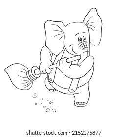 cute baby elephant with a broom, sweeping up the trash, a childish cartoon, contour, outline