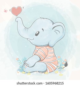 Cute baby elephant with bubble of heart water color cartoon hand drawn vecter illustration. Use for Happy birthday invitation card, T-shirt print, baby shower.