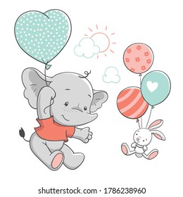 Cute baby elephant and bunny floating with balloons, vector illustration.