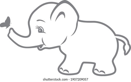 Cute baby elephant and butterfly. Vector