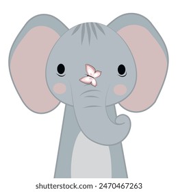 Cute baby elephant with a butterfly vector illustration. Can be used for t-shirt print, kids wear fashion design, baby shower invitation