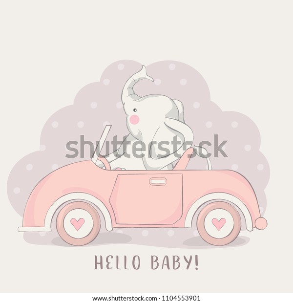 cute baby elephant with car cartoon  for
t-shirt, print, product, flyer ,patch, fabric, textile,tile,card,
greeting  fashion,baby, kid, shower, powder,soap, hand drawn style.
vector illustration