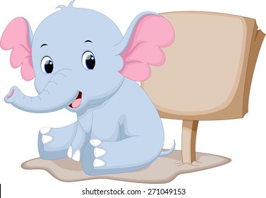 Cute baby elephant cartoon with a blank sign