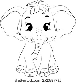 Cute baby elephant cartoon character coloring page. Animal, colouring page for kids