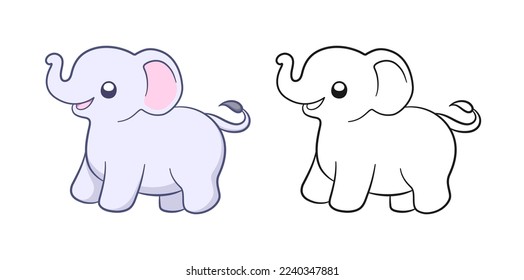 Cute baby elephant cartoon colored and outline illustration set. Easy animal coloring book page activity for kids