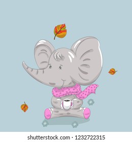 Cute baby elephant cartoon hand drawn vector illustration. Can be used for baby t-shirt print, fashion print design, children wear, baby shower celebration, greeting and invitation card.
