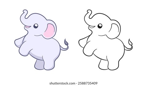 Cute baby elephant cartoon outline illustration set. Easy animal coloring book page activity for kids