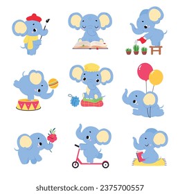 Cute Baby Elephant Character with Trunk Engaged in Different Activity Vector Set